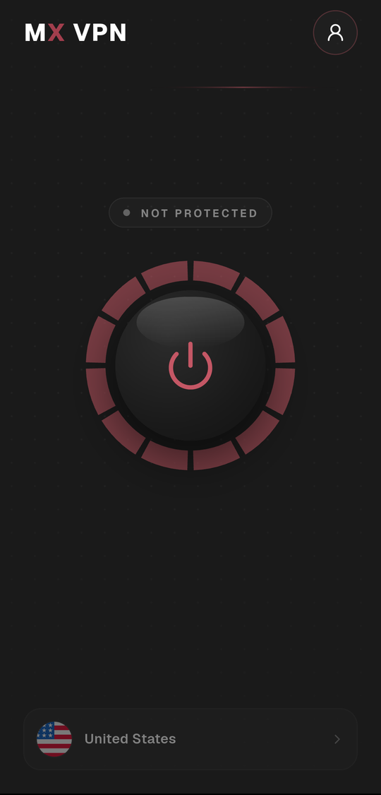 MX VPN home screen: a connect button and the current server location.
